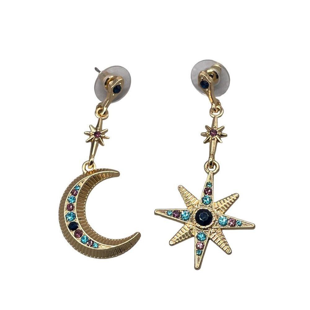 Moon & Star Multicolor Rhinestone Long Dangle Drop Earrings Gold Tone